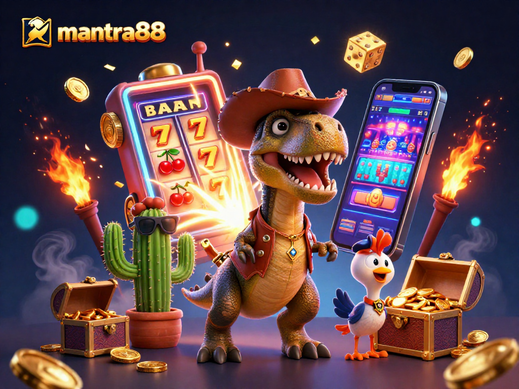 Experience the excitement of mantra88 with a vibrant 3D cartoon scene featuring a T-Rex and colorful casino elements.