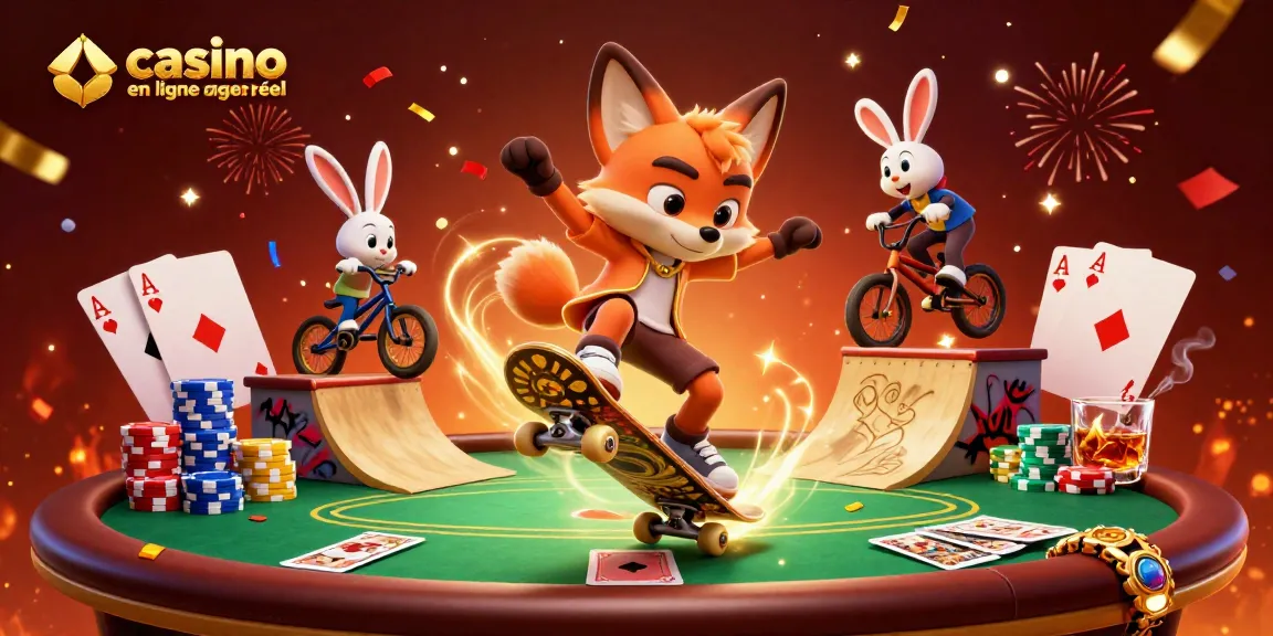 Les techniques gagnantes au casino en ligne argent réel illustrées avec un renard skateboarder et un lapin BMX.