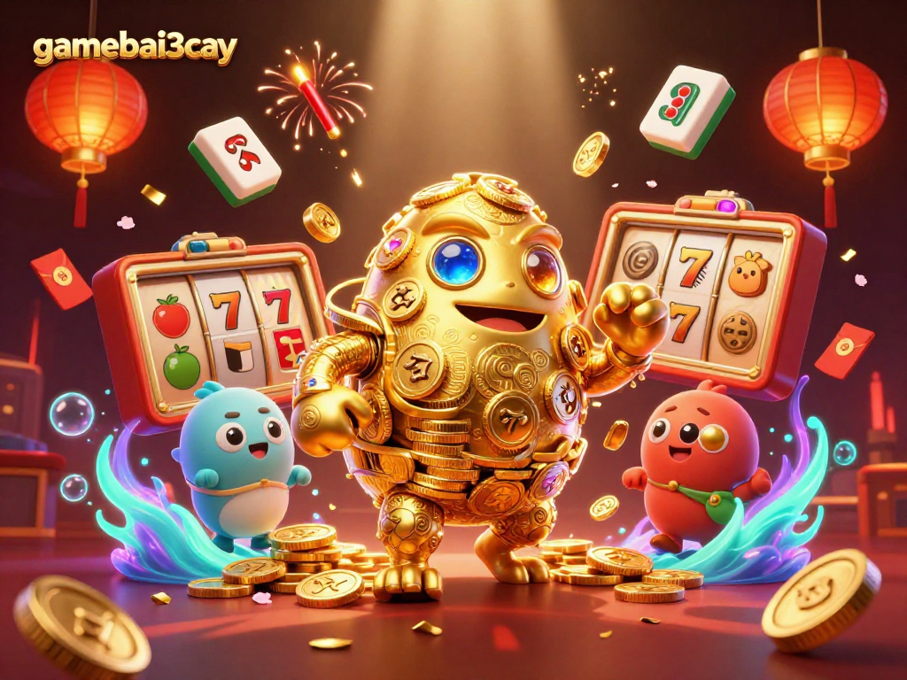 gamebai3cay traps winning moments in an ultra-detailed golden golem casino scene with slot reels.