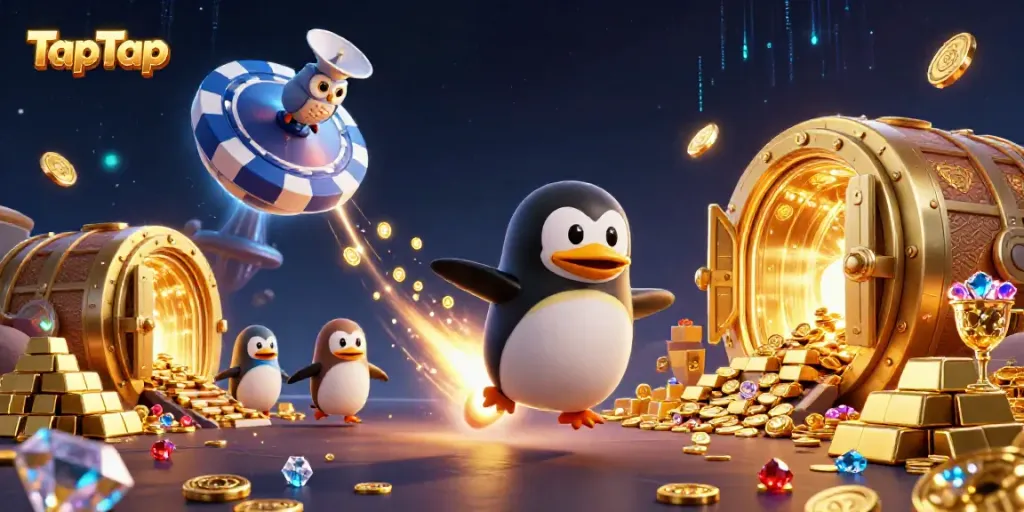 Experience the thrilling adventure of TapTap with a golden penguin soaring through a cosmic casino landscape.