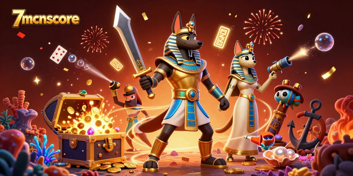 Engage with 7mcnscore through this vibrant 3D casino scene showcasing Anubis and Bastet amidst treasures.