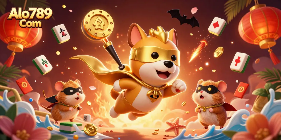 Bet on excitement with Alo789 Com as a superhero dog and hamster deliver gold coins in this vibrant casino scene.
