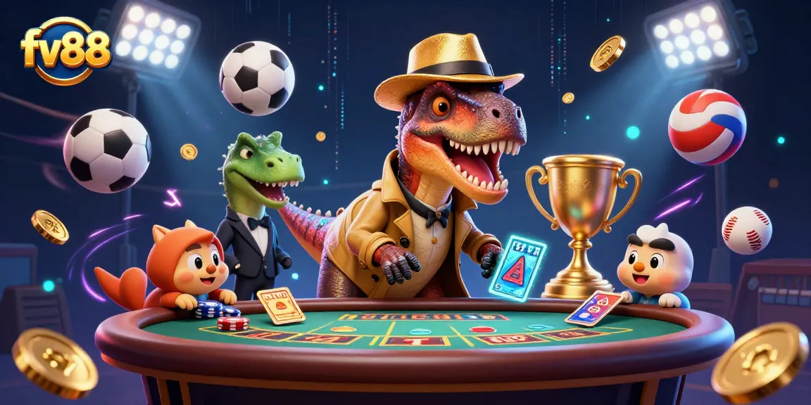 fv88 gameplay featuring a cartoon velociraptor at a blackjack table amidst flying sports elements