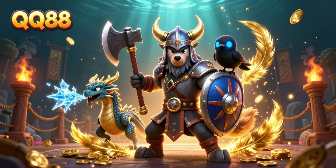 Engage with QQ88's vibrant casino gaming through thrilling battles featuring a wolf warrior and dragon.