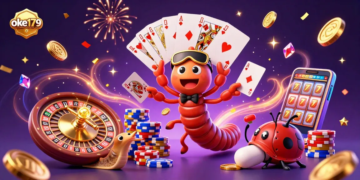 The dynamic gambling scene showcases oke179 with a millipede dealer and vibrant casino elements.