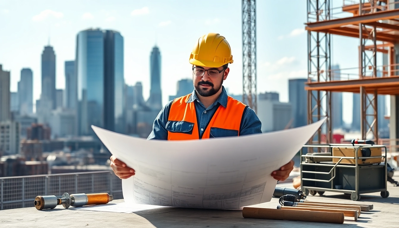 New York General Contractor overseeing a construction project amidst an urban backdrop.