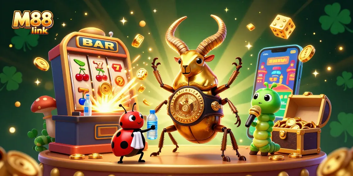 Experience excitement with M88 link featuring a 3D golden stag beetle champion and colorful casino elements.
