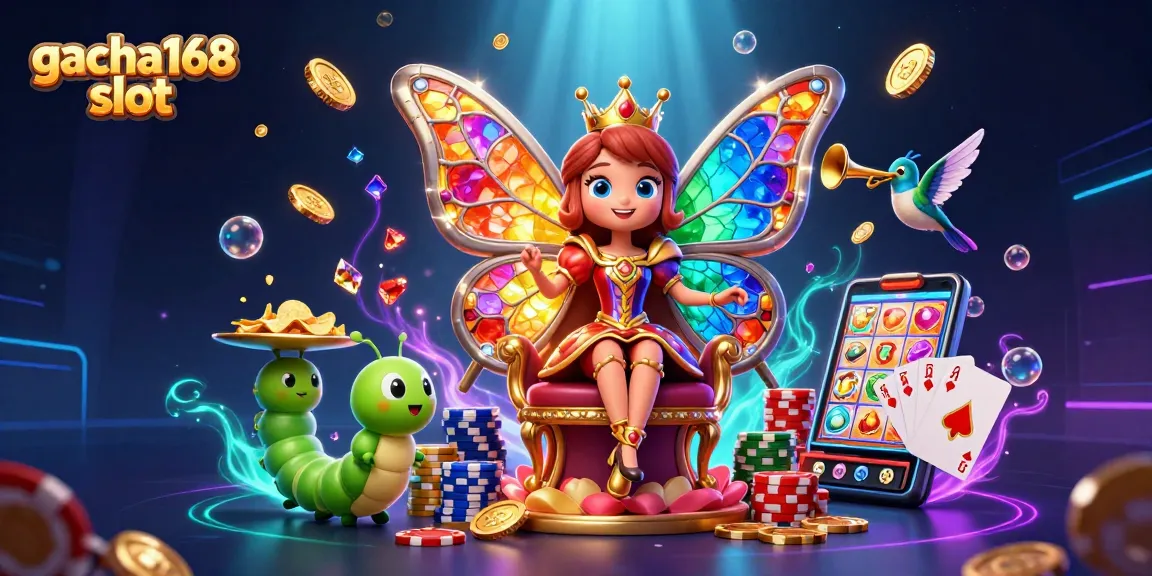 Spin to win with gacha168 slot featuring a butterfly queen and vibrant casino elements.