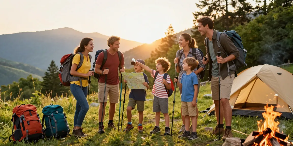 Family enjoying an adventurous hike with mantra88 gear at a beautiful mountain campsite.