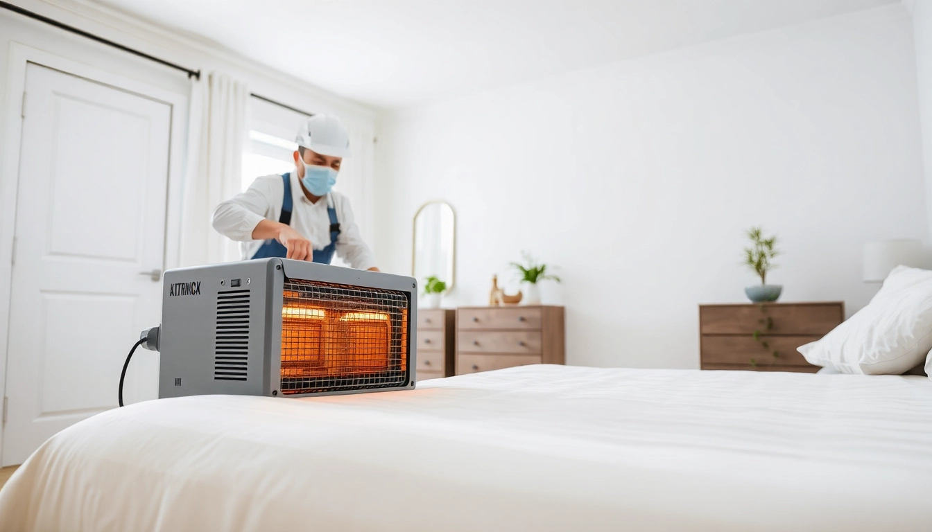 Applying bed bug heat treatment in a neat bedroom setting for effective pest control.