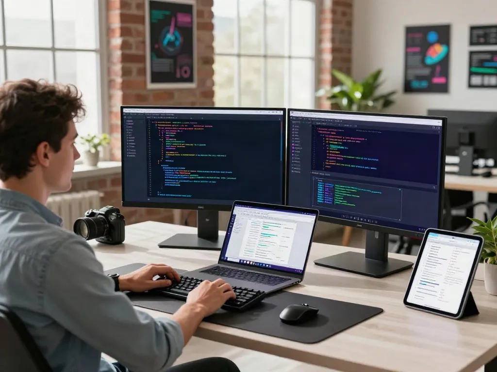 Developer working with v2rayN on dual monitors in a modern office environment.