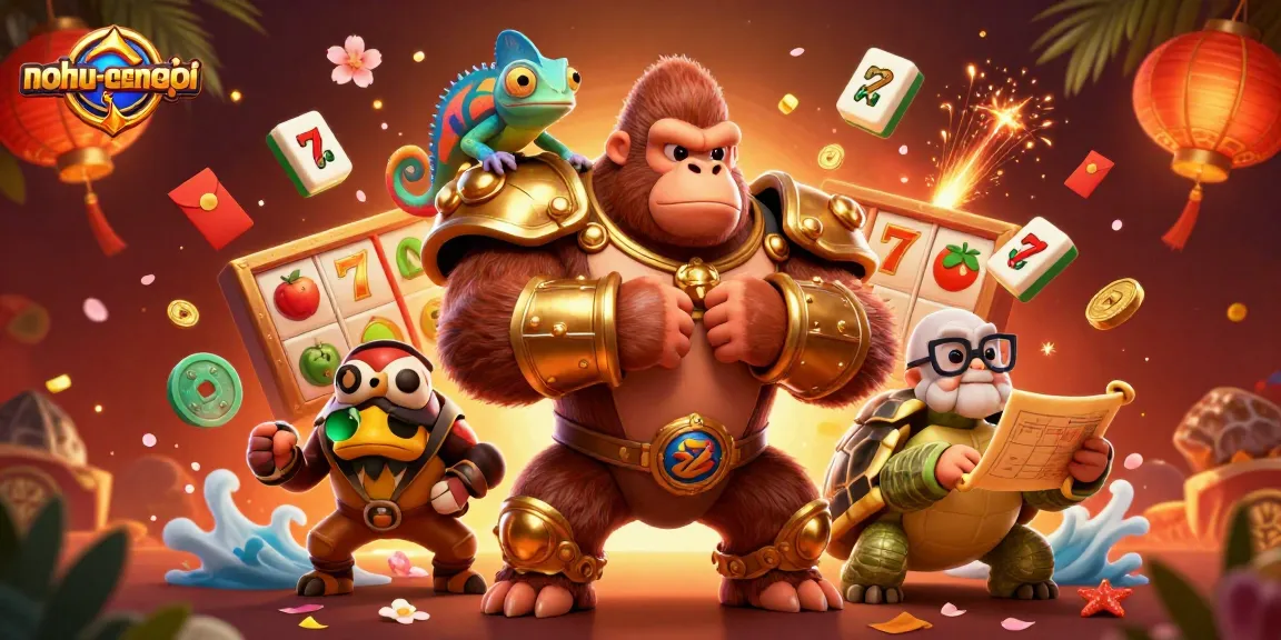 Engage with nohu-cupthegioi as the gorilla king celebrates massive slot wins surrounded by vibrant casino elements.