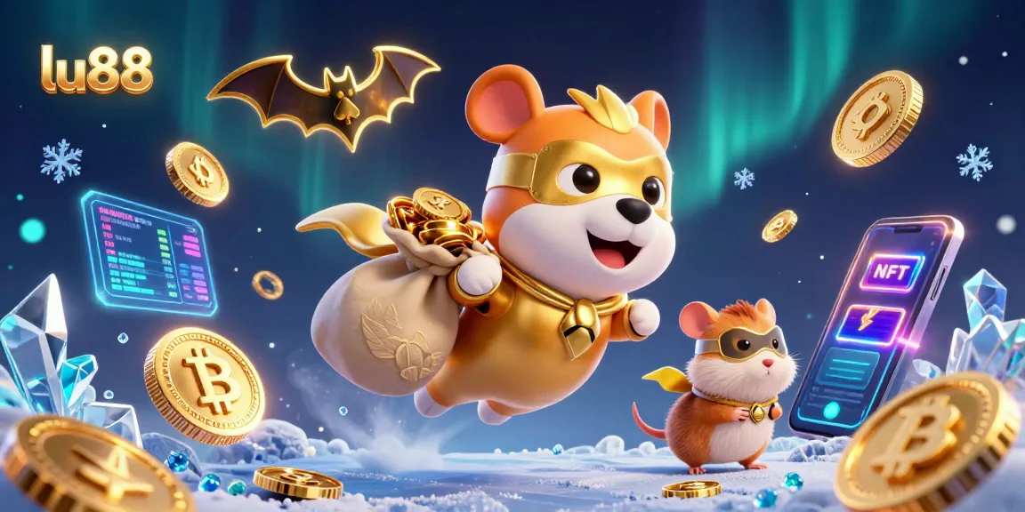 Experience the exciting world of lu88 with a superhero dog and hamster flying amidst gold coins and crypto elements in a vibrant casino setting.