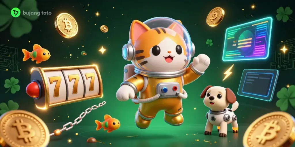 Bujang toto brings excitement with a golden space cat and robot dog in a vibrant casino scene.