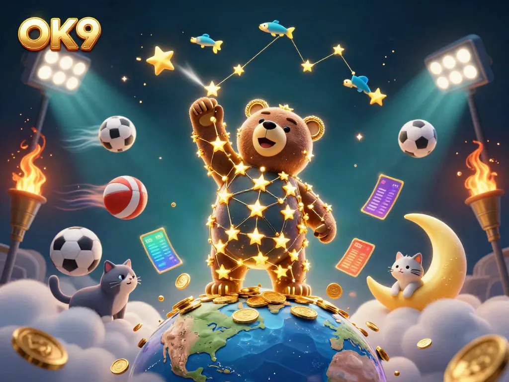 Catch coins with OK9 as the constellation bear and sports elements create excitement in this vibrant illustration.