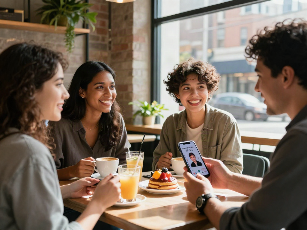 Group of young adults in café exploring how old do I look app, engaging in lively conversation with coffee and pastries.