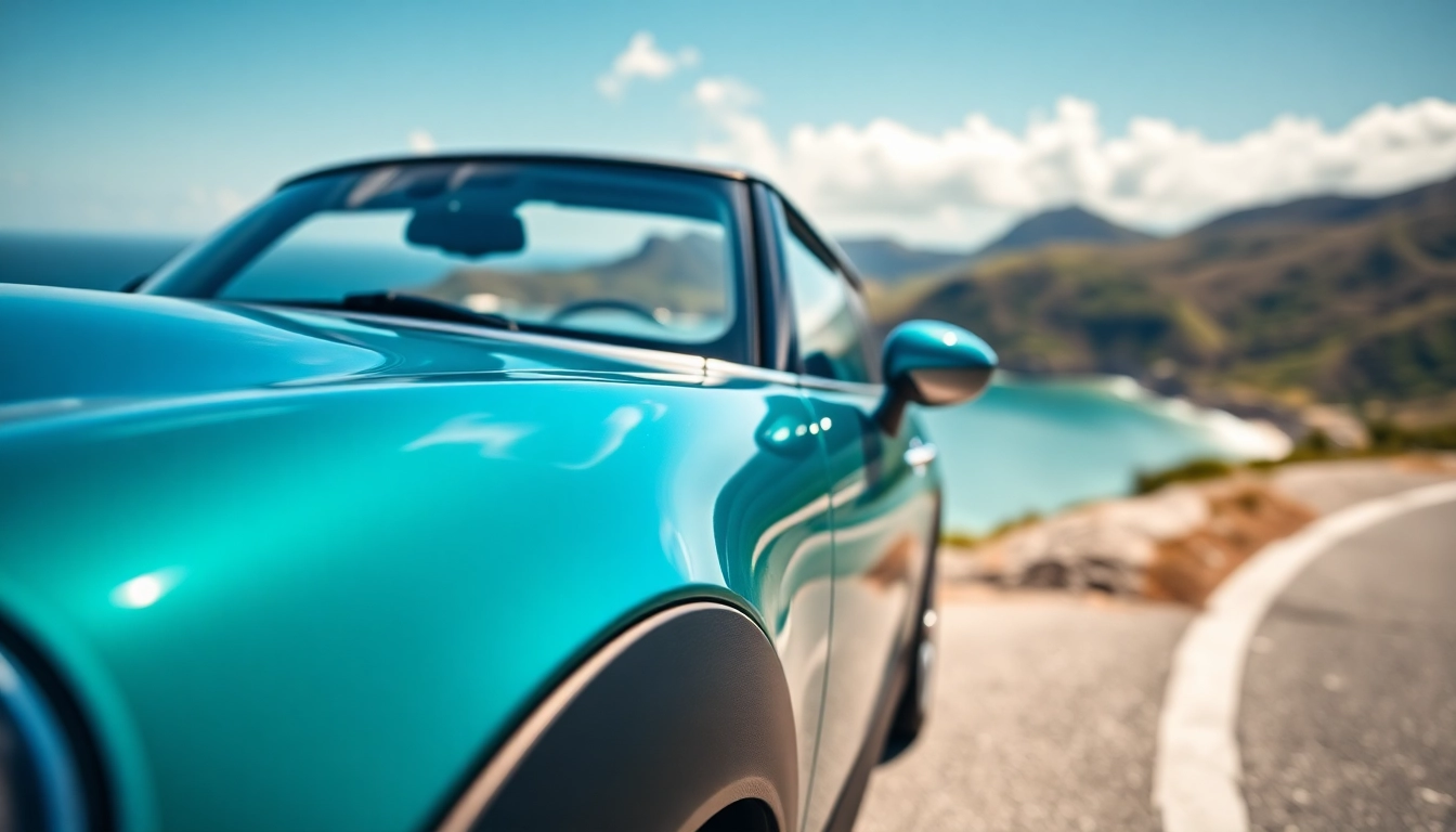 Enjoy a Mini Cooper rental in St Barts against a vibrant coastal backdrop.
