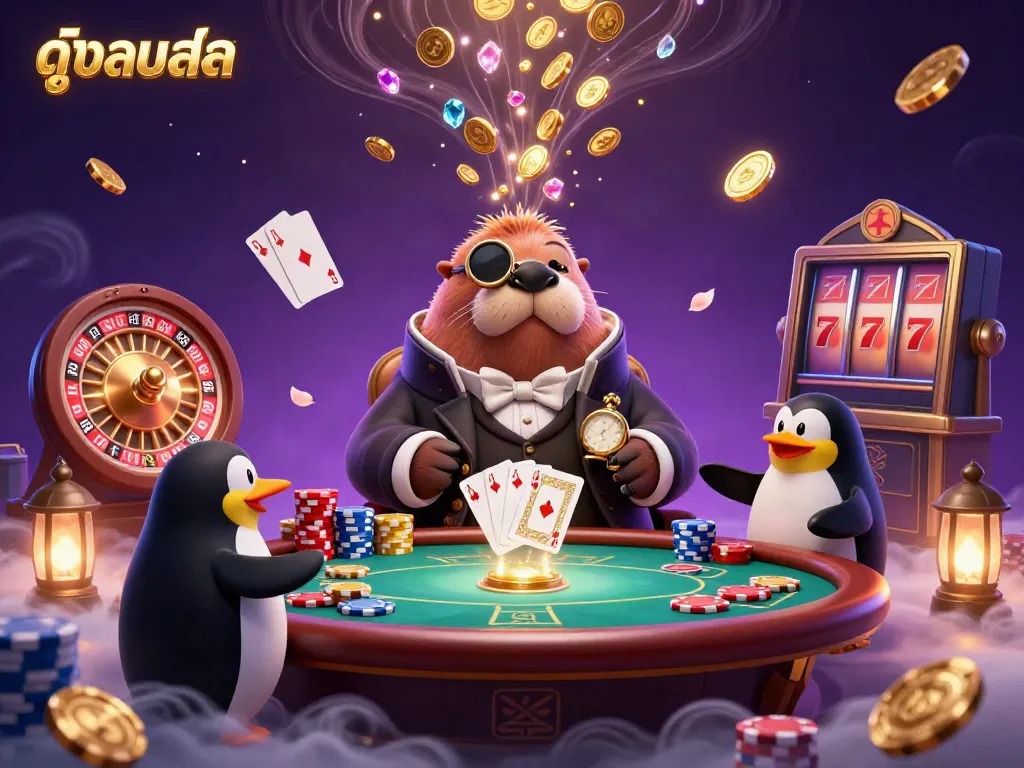 Experience thrilling live sports betting with ดูบอลสด, as the walrus plays poker surrounded by dazzling casino elements.