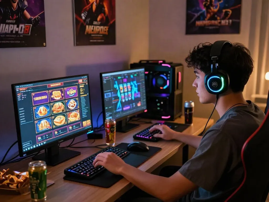 Gamer enjoying Slot MAHJONGJP88 in a vibrant online gaming setup.
