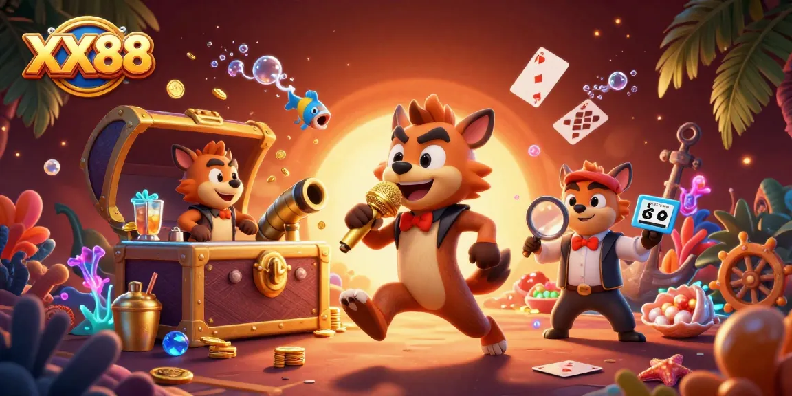 Engage with the vibrant environment of XX88's casino as hyenas deliver comedy and drinks in a lively scene.