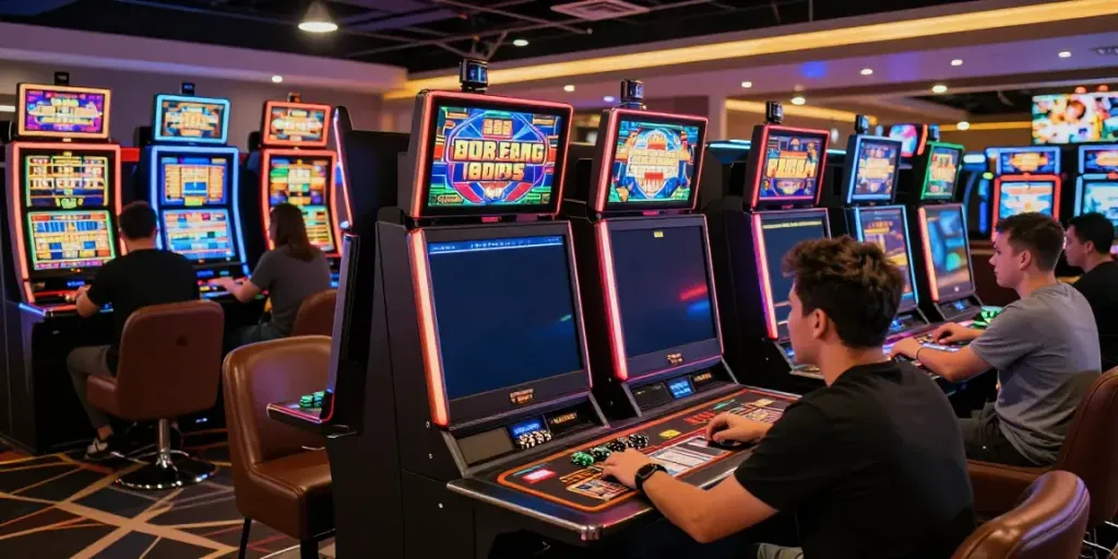 Players engaging with vibrant slot88 machines in a lively gaming lounge.