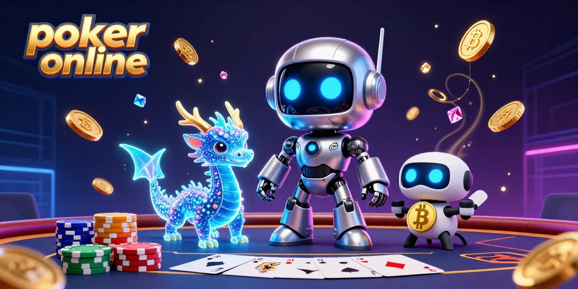 Profitez du poker en ligne avec une illustration animée de personnages futuristes entourés de jetons et de cartes.