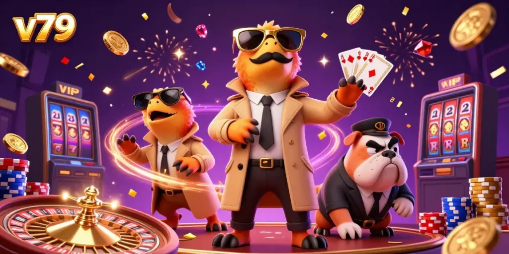 Experience the thrill of gaming at V79 with enthusiastic characters and vibrant casino elements.