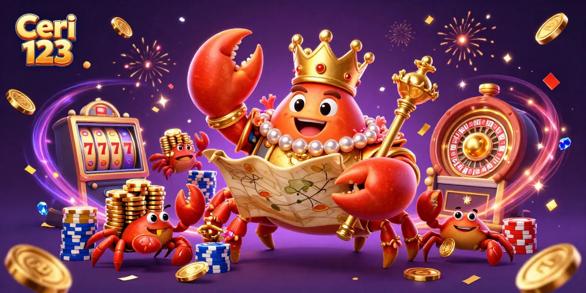 Ceri 123 showcases a vibrant 3D illustration of a golden crab emperor amidst a jackpot celebration, embodying thrilling slot action.