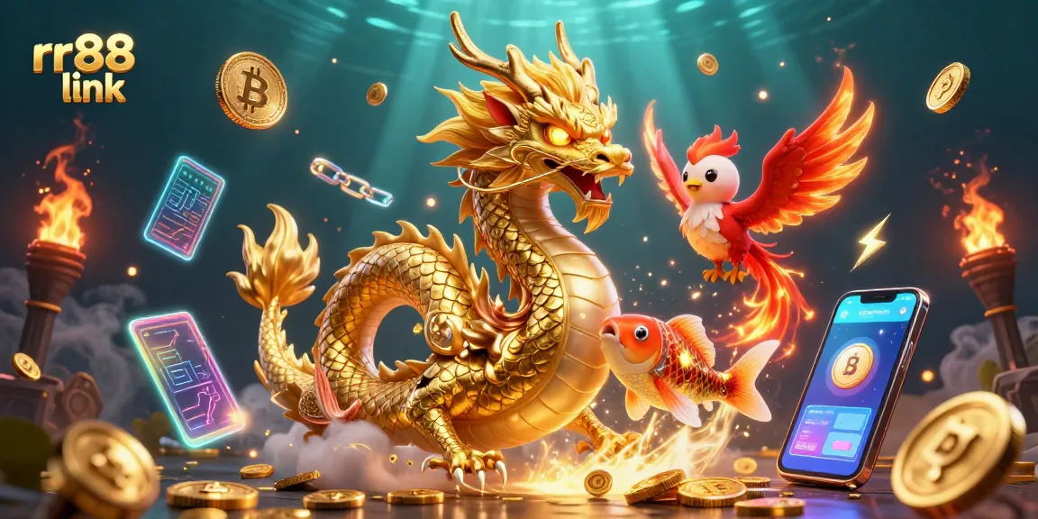 Win big at rr88 link with a majestic dragon, phoenix, and koi fish amidst vibrant gaming elements!