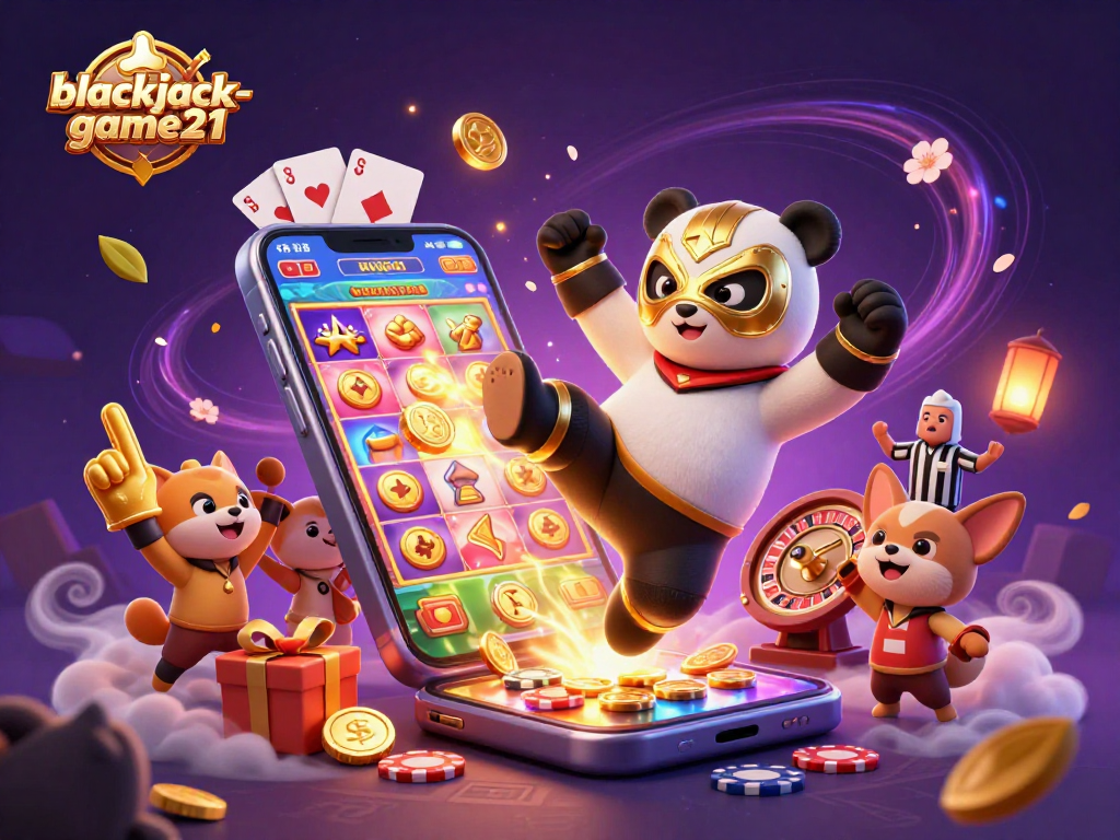 Experience excitement with blackjack-game21 in an action-packed scene of a panda wrestler and cheering fans.