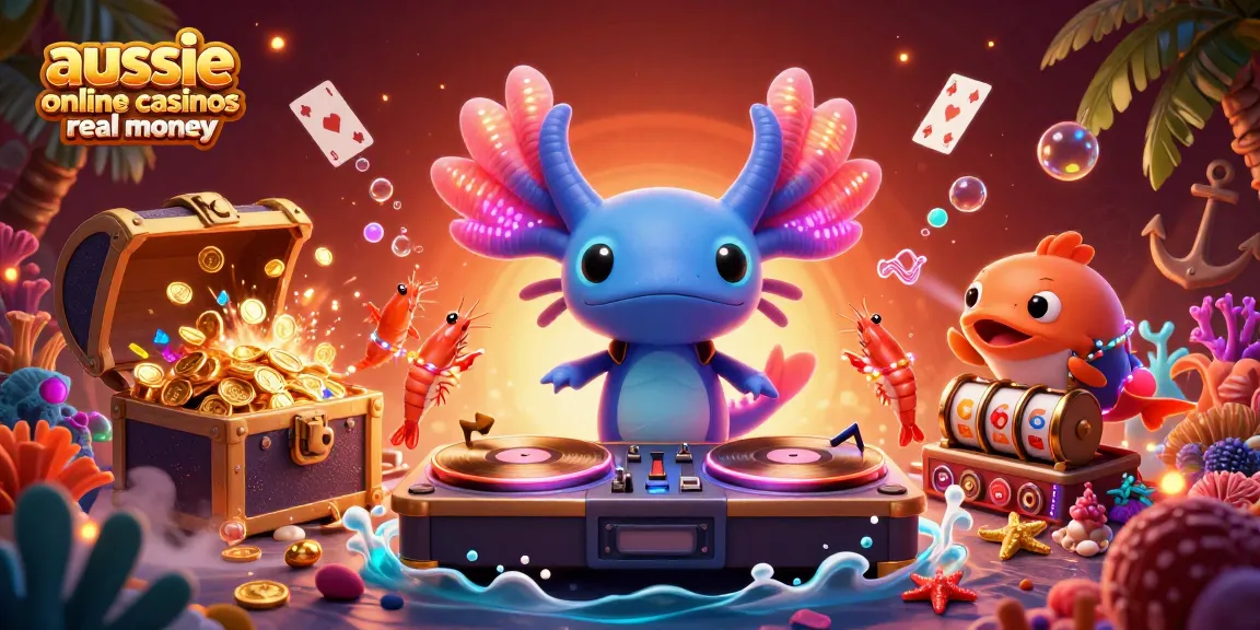 Aussie online casinos real money scene with colorful DJ axolotl, shrimp dancers, and gold coins.