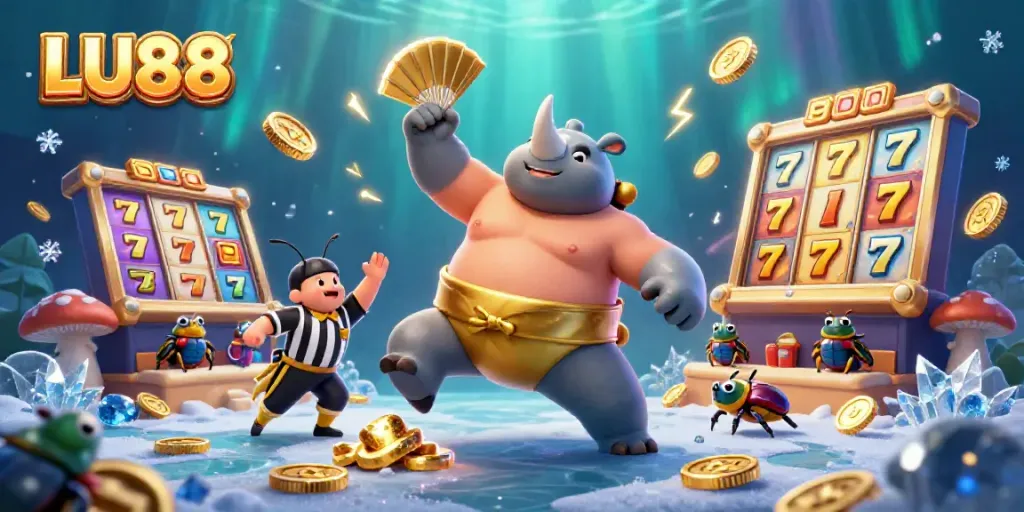 LU88 casino scene with a sumo champion beetle, coins flying, and engaging slot machines.