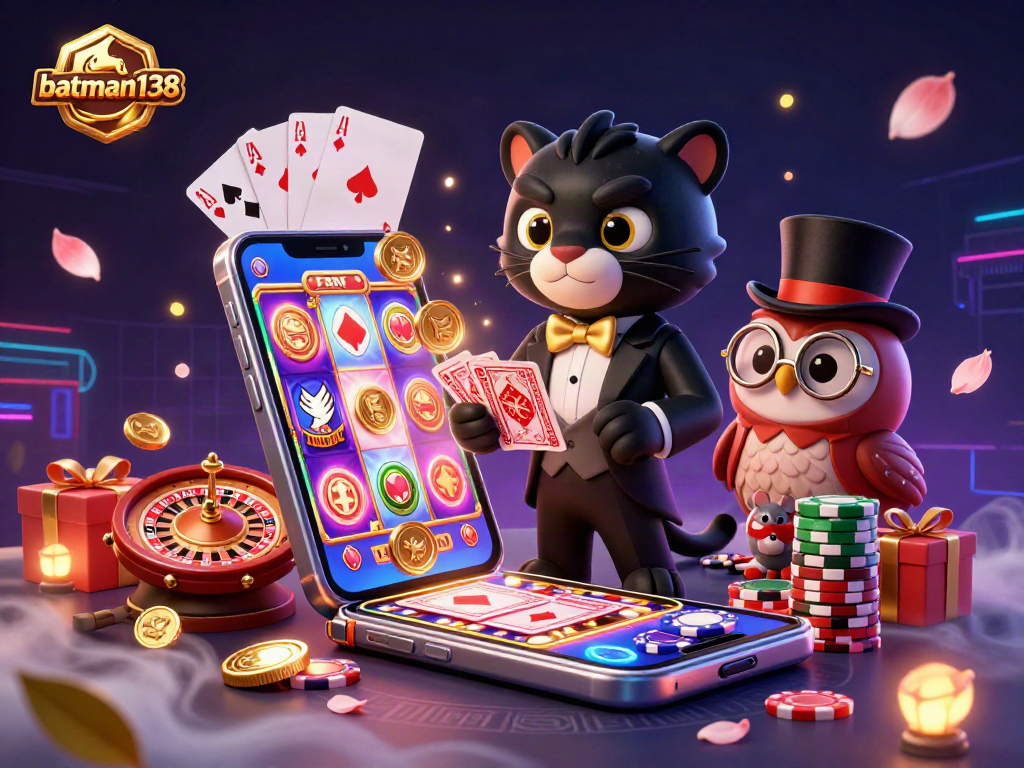 Engage with batman138's vibrant casino experience featuring a panther dealer amidst a dynamic gaming scene.