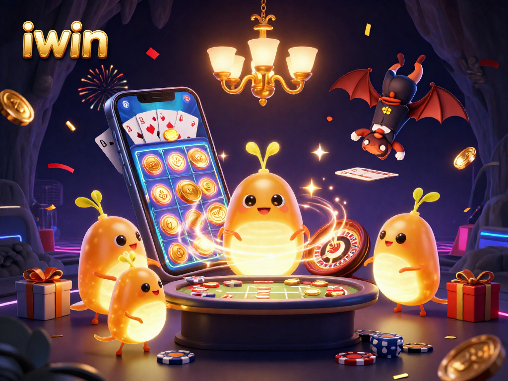 iwin lights up a cave casino with glowworms and a bat dealer in this vibrant 3D illustration.
