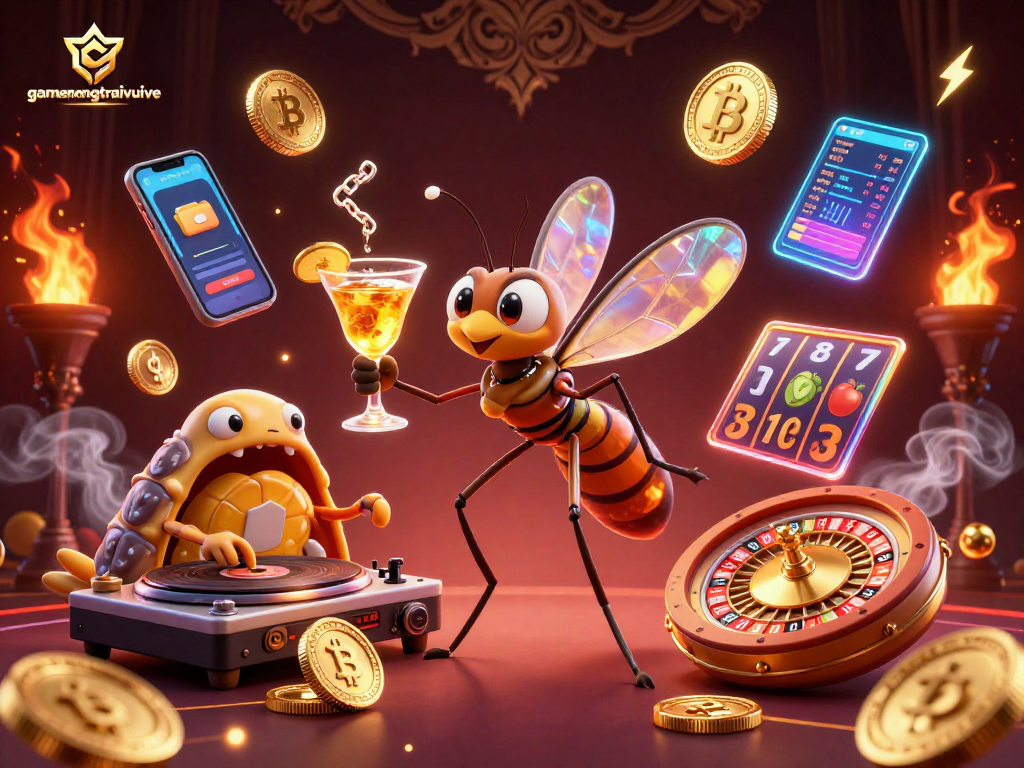 Experience gamenongtraivuive with a cartoon mosquito mascot and trilobite DJ in a vibrant casino scene.