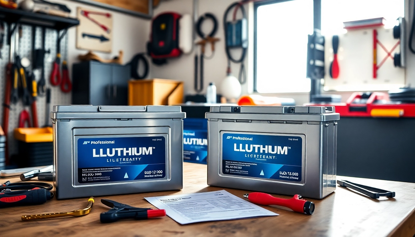 Showcase of lithium RV batteries in an installation workshop highlighting their advanced features.
