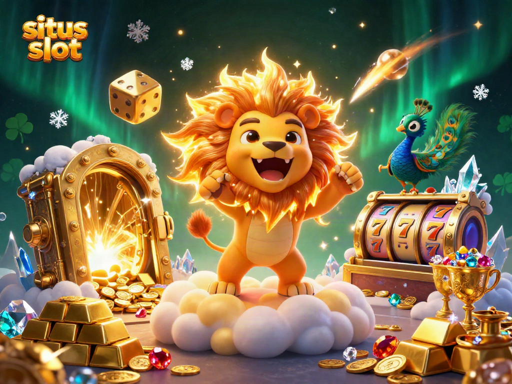 Experience situs slot adventures with a roaring lion, golden treasures, and vibrant slot reels.