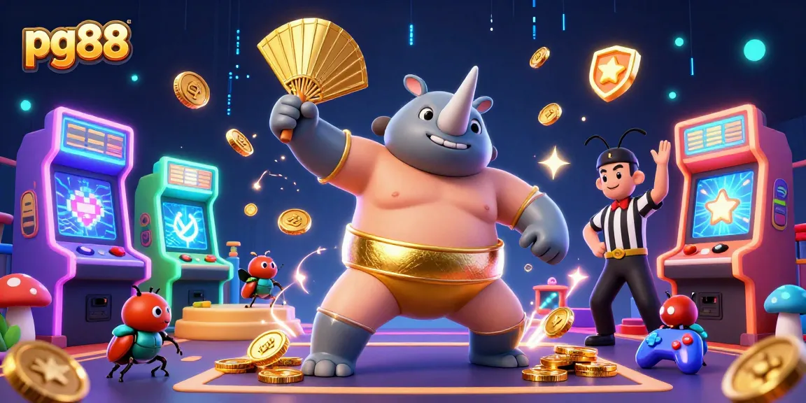 Witness pg88's thrilling gaming experience with a sumo champion beetle amidst flying coins and arcade machines.