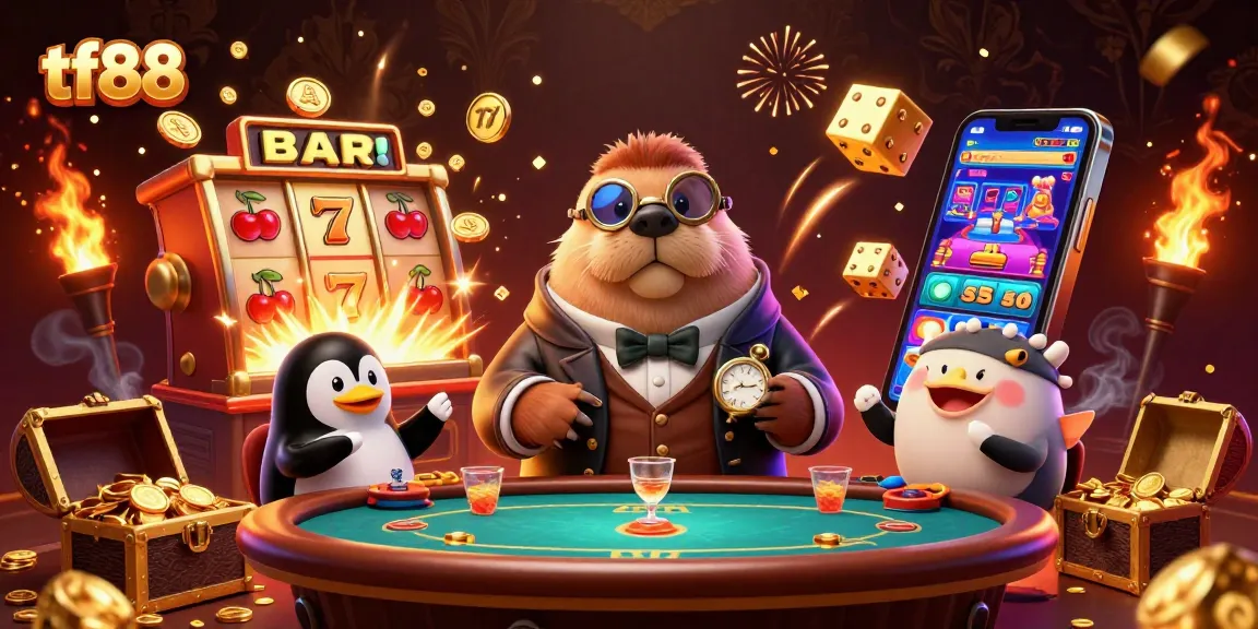 A jolly walrus at an underwater poker table in tf88’s vibrant casino scene of excitement.