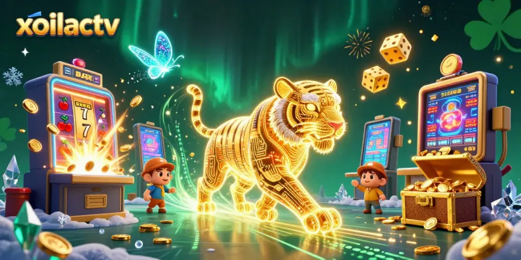 Experience excitement with xoilactv's dynamic casino scene featuring energetic characters and gambling elements.