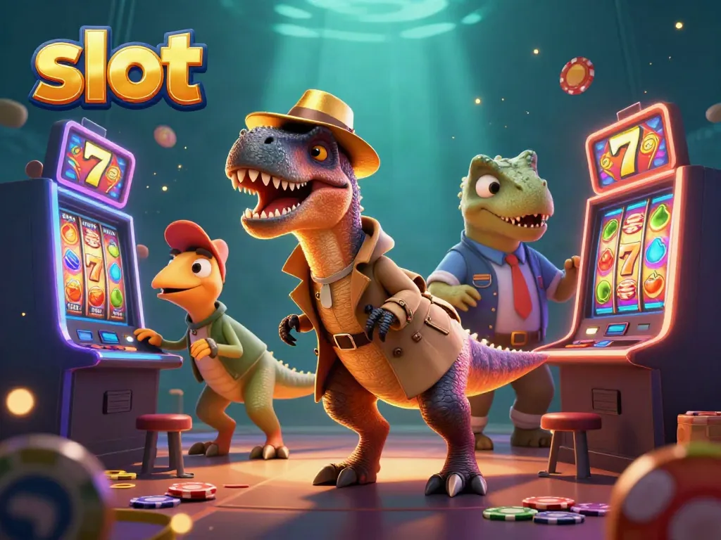 Putar slot dengan velociraptor bertopeng di mesin slot yang cerah dan berwarna-warni.