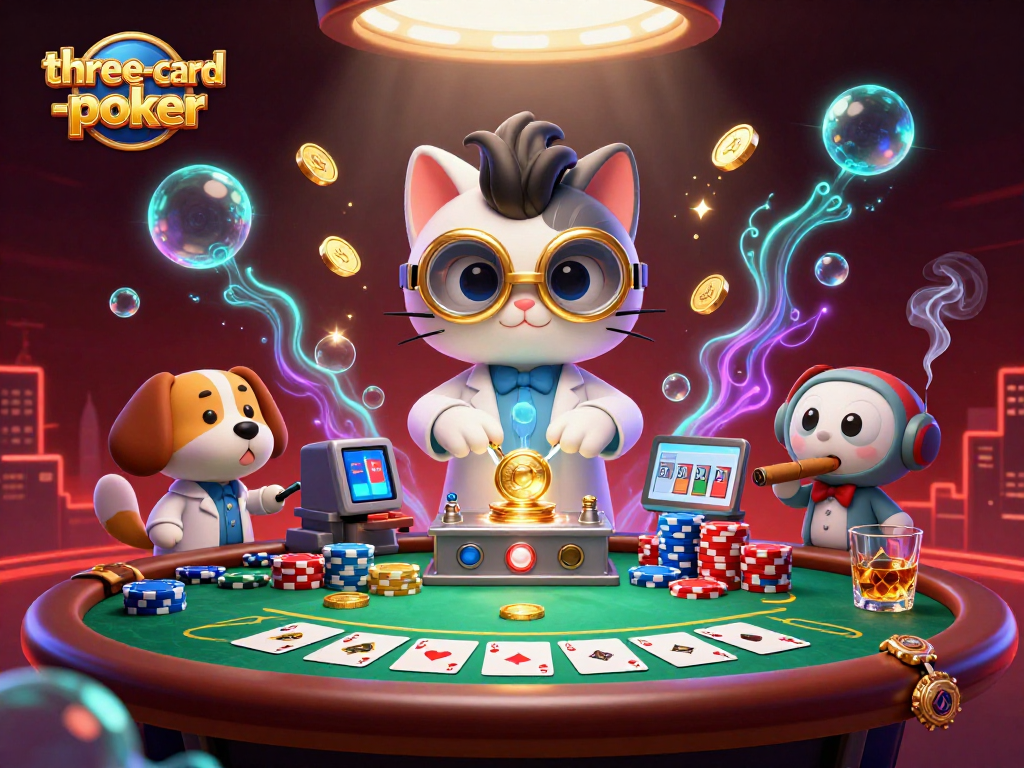 Experience the thrill of three-card-poker with dynamic gaming elements around a mad scientist cat and dog duo.