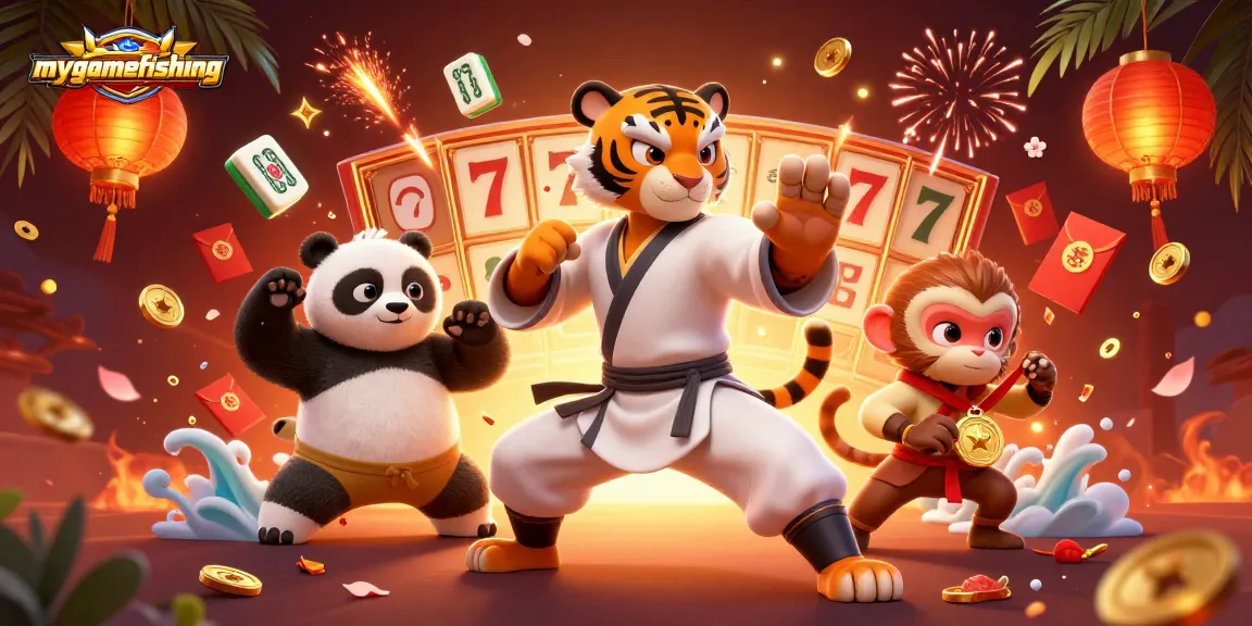 Engage in excitement with mygamefishing as a kung fu tiger and friends celebrate slot games