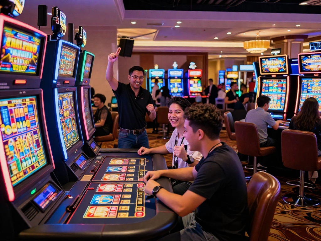 Exciting scene of players enjoying situs888 gacor slot machines in a lively casino atmosphere.