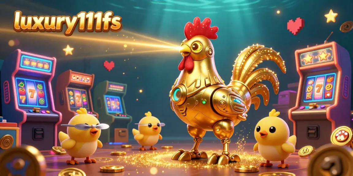 Engage with luxury111fs and experience the excitement of winning at the vibrant casino scene featuring a golden rooster robot.