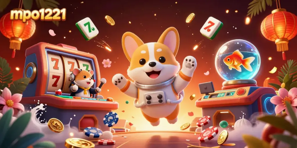 Engage in the vibrant world of mpo1221 with a playful 3D cartoon illustration showcasing a space station casino adventure.