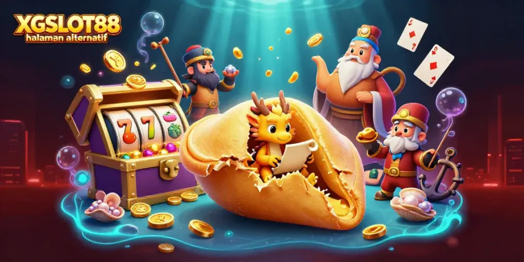 Gambar ilustrasi XGSLOT88 halaman alternatif dengan karakter kue keberuntungan dan elemen kasino yang menarik.