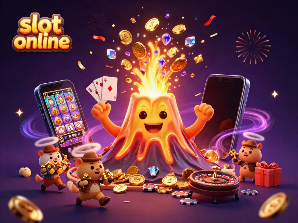 Play exciting slot online games and win treasure as coins and gems erupt from a golden volcano!