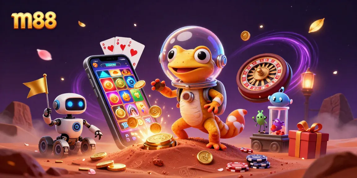 Exciting Martian gecko finds m88's golden casino, surrounded by vibrant gaming elements.