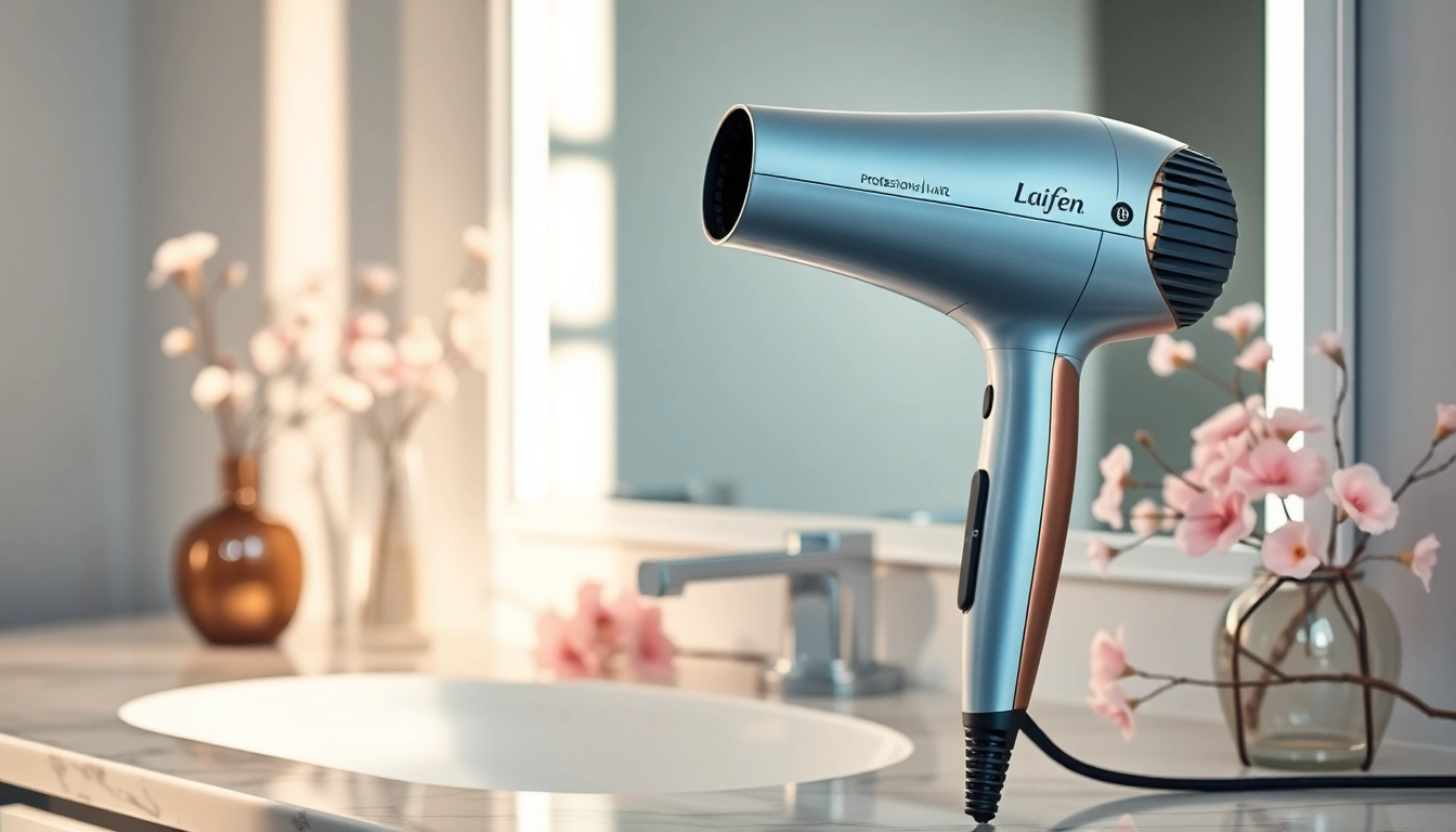Showcase the Laifen hair dryer with elegant design on a luxury bathroom vanity reflecting sophistication.